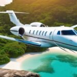 luxury private jet flying over tropical islands