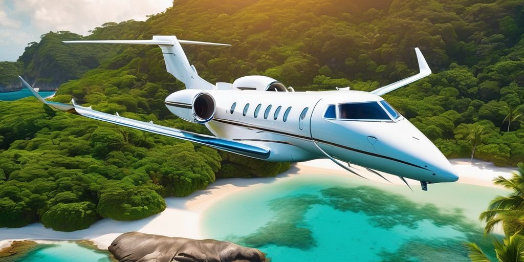 luxury private jet flying over tropical islands