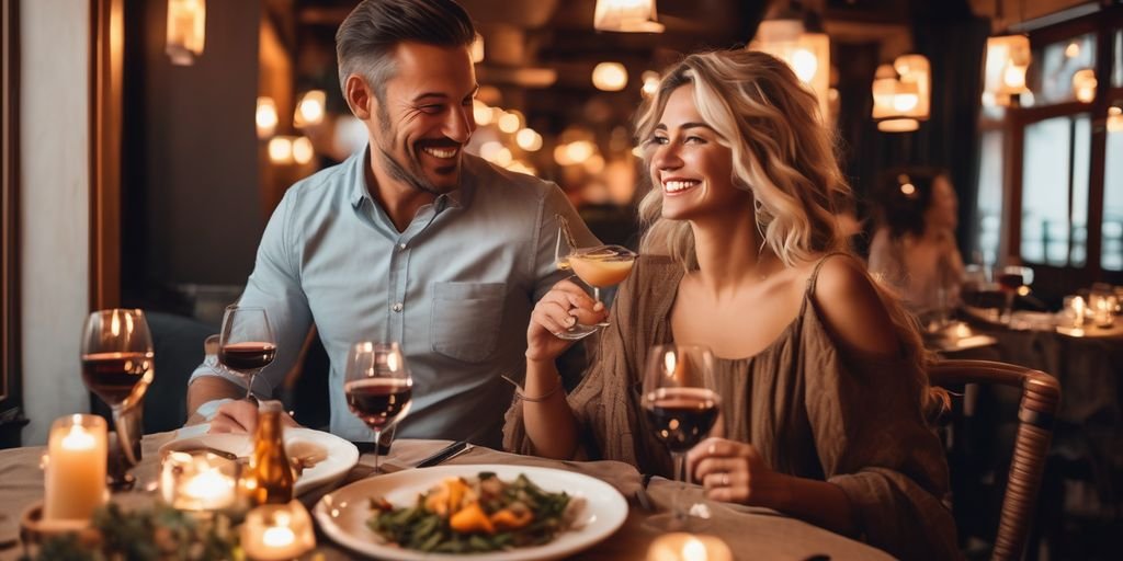 couple enjoying romantic dinner at a cozy restaurant