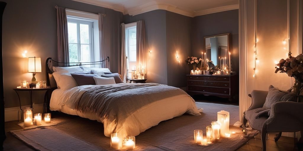 romantic bedroom with candles and soft lighting