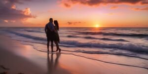 romantic couple sunset beach