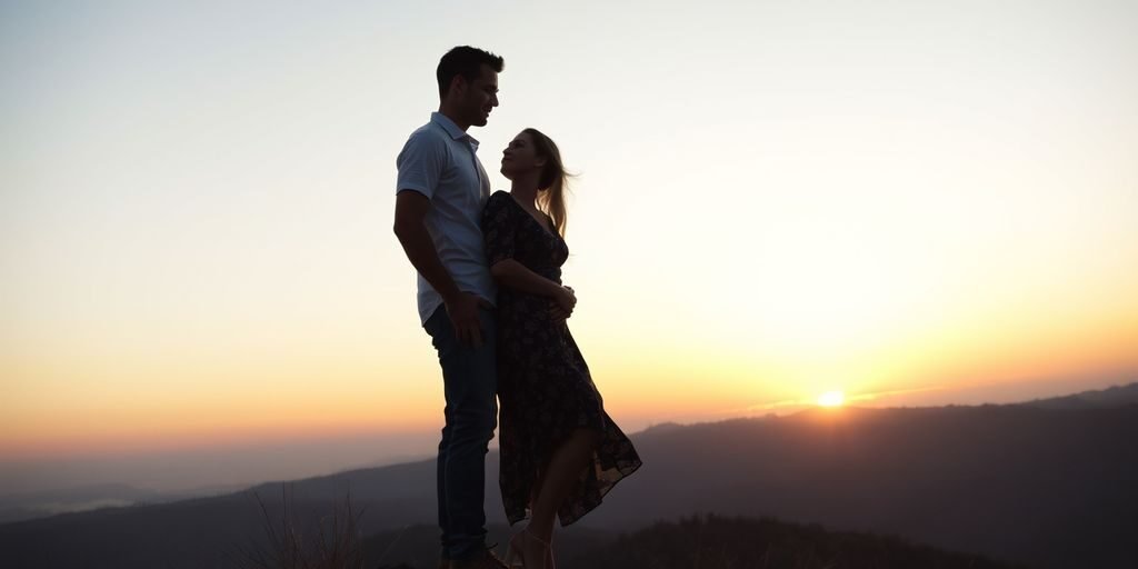 Couple on hilltop at sunset, man protective.