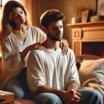 A-calming-and-intimate-scene-between-a-couple-in-a-warm-cozy-living-room-The-woman-is-gently-massaging-the-mans-shoulders-while-he-relaxes-