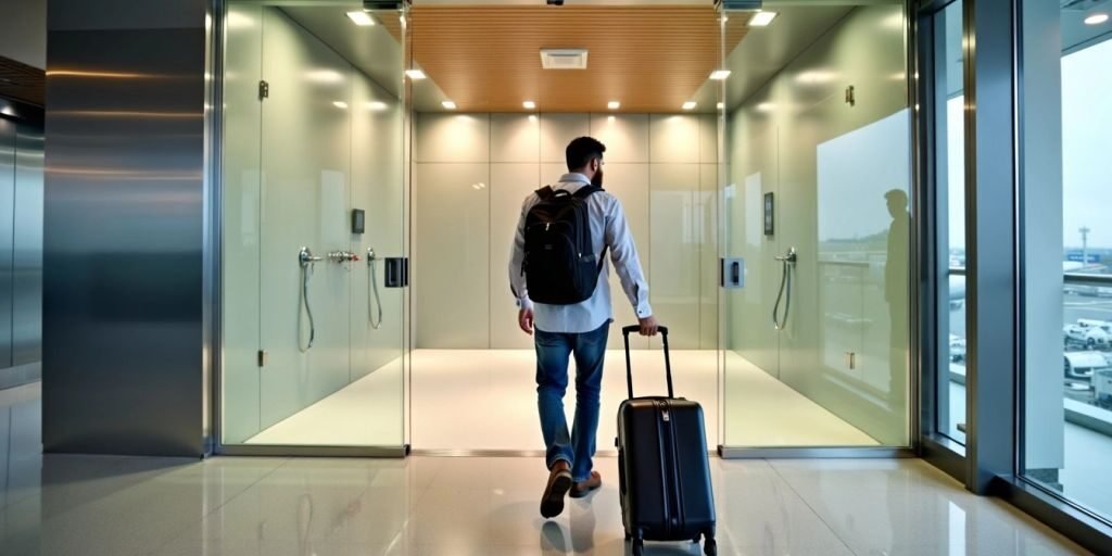 Traveler heading to airport shower facility