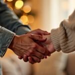 Couple holding hands in a cozy room.