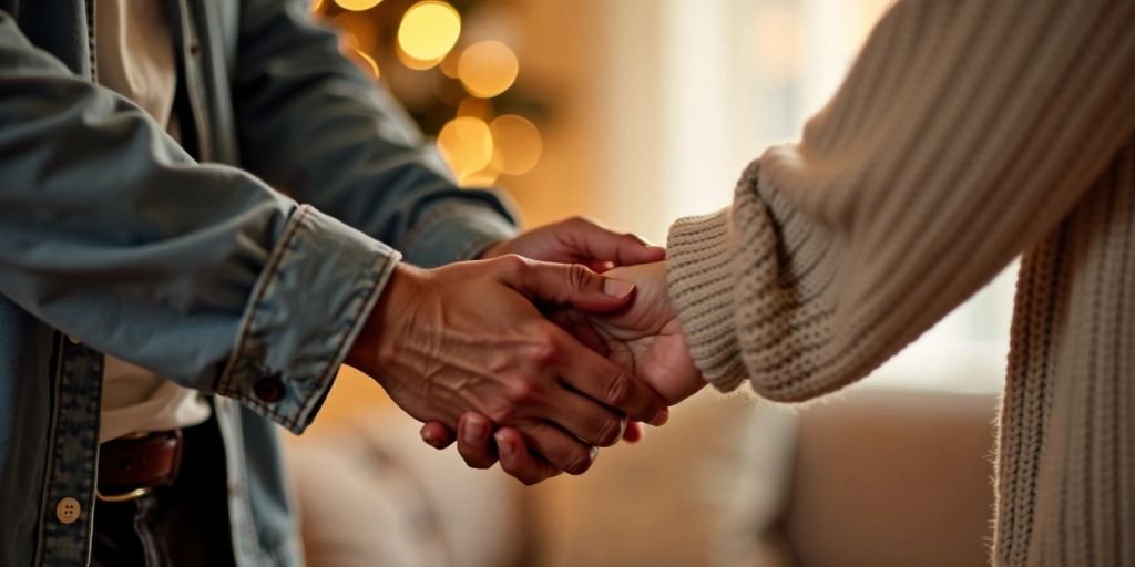 Couple holding hands in a cozy room.