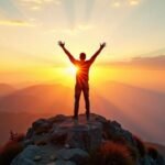 Person on mountain peak at sunrise