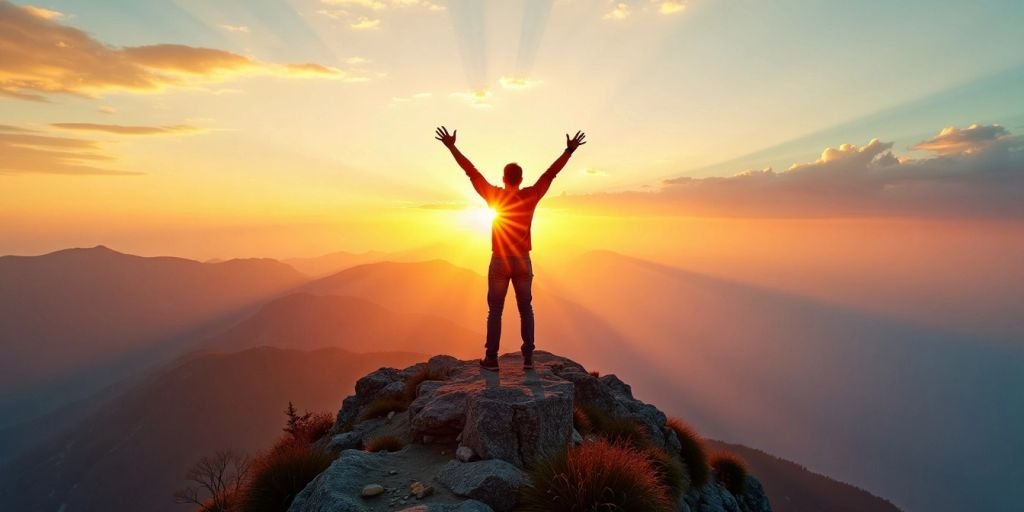 Person on mountain peak at sunrise