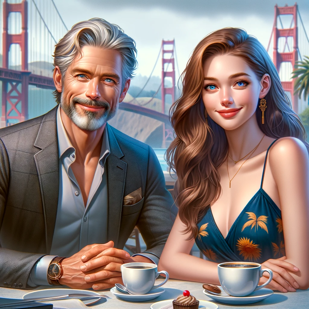 A couple sitting at a table outdoors in San Francisco CA