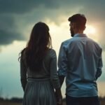 Couple standing apart under stormy sky.