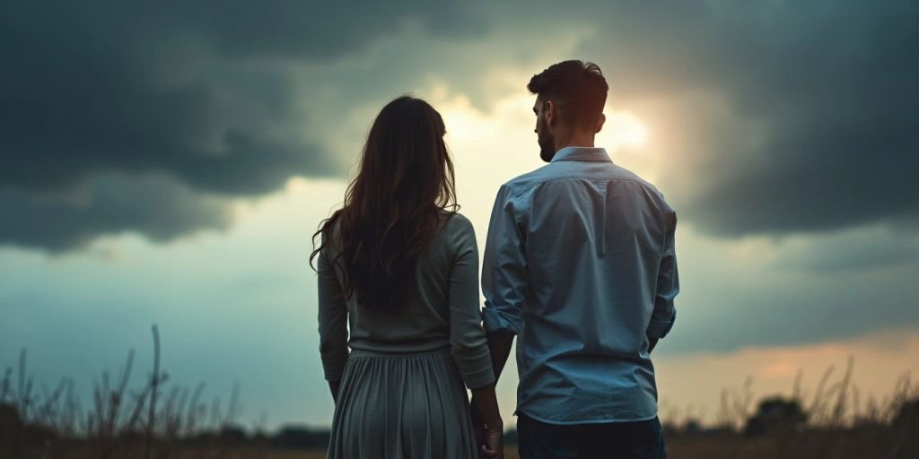 Couple standing apart under stormy sky.