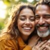Couple embracing in nature, radiating love and happiness.