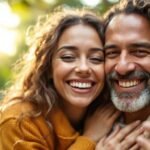 Couple embracing in nature, radiating love and happiness.