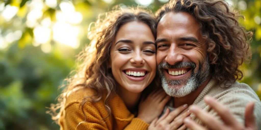 Couple embracing in nature, radiating love and happiness.