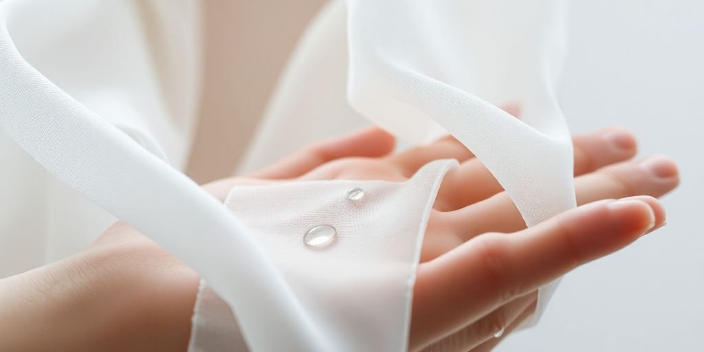 Sensory close-up, fabric, water, soft light, skin.