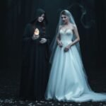 Bride and witch sharing a magical moment.