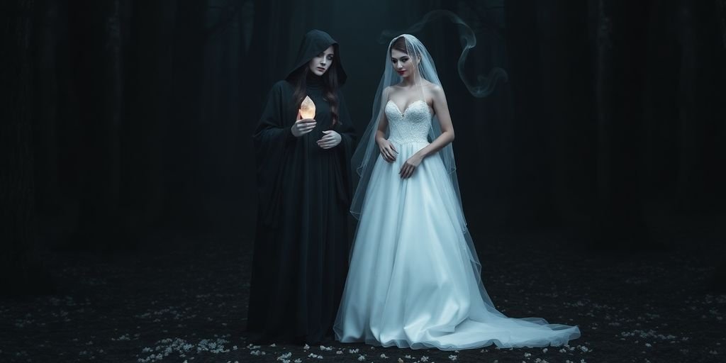 Bride and witch sharing a magical moment.
