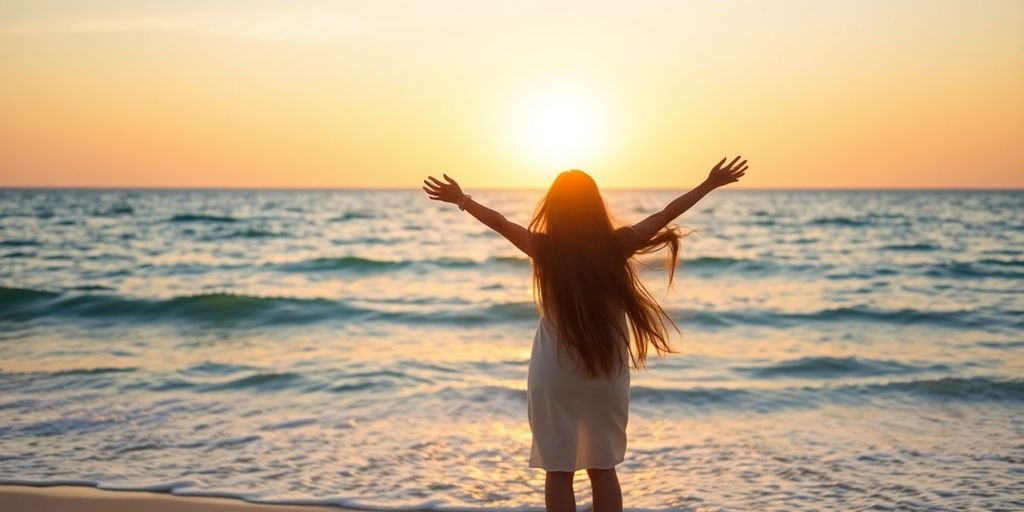 Woman on beach, sunrise, freedom.