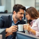 Couple sharing a hidden smile at office desks.