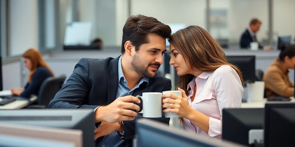 Couple sharing a hidden smile at office desks.