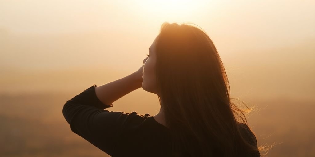 Woman looking thoughtfully towards a bright horizon.
