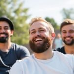 Travis Kelce smiling with friends at a casual gathering.