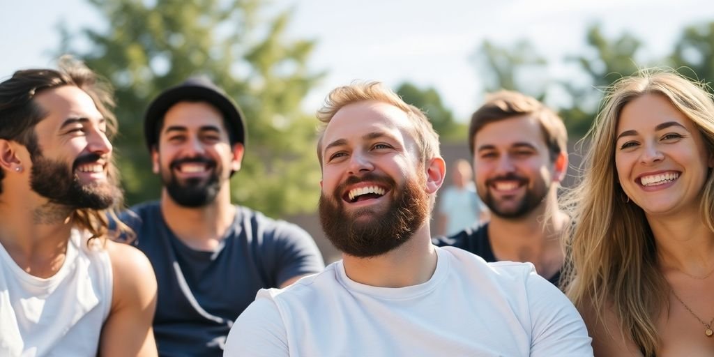 Travis Kelce smiling with friends at a casual gathering.