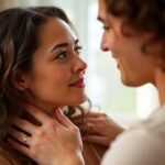 Couple embracing, one person supporting the other's hand.