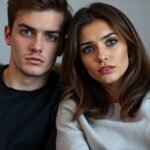 Young couple on a couch, looking thoughtful.