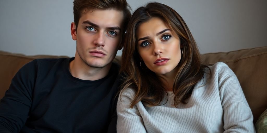 Young couple on a couch, looking thoughtful.