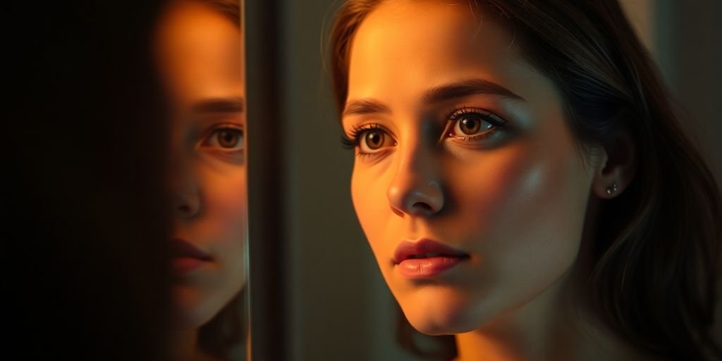 Person questioning sexuality in front of a colorful mirror.
