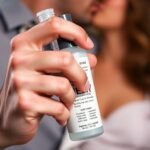 Man applying delay spray before intimacy.