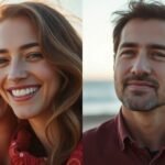 Couple's contrasting joyful and somber portraits.