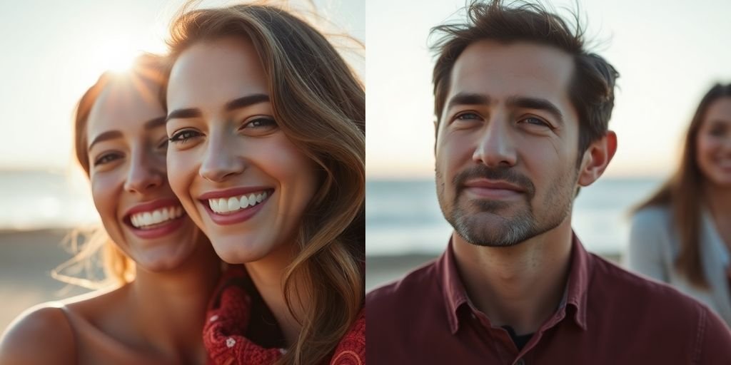 Couple's contrasting joyful and somber portraits.