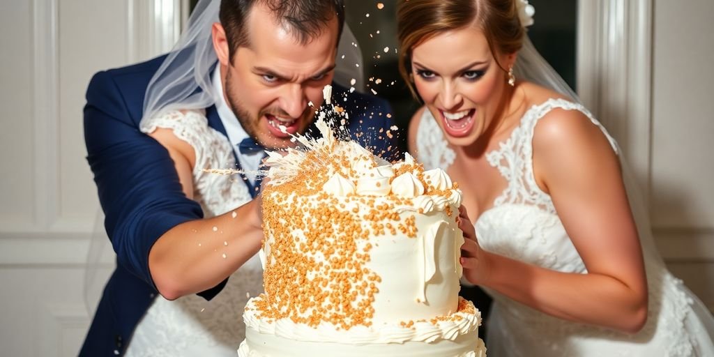 Bride and groom smash cake in each other's faces.
