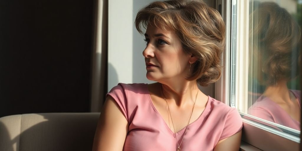Woman looking thoughtfully out a window on her birthday.