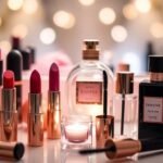 Date night makeup essentials on a vanity.