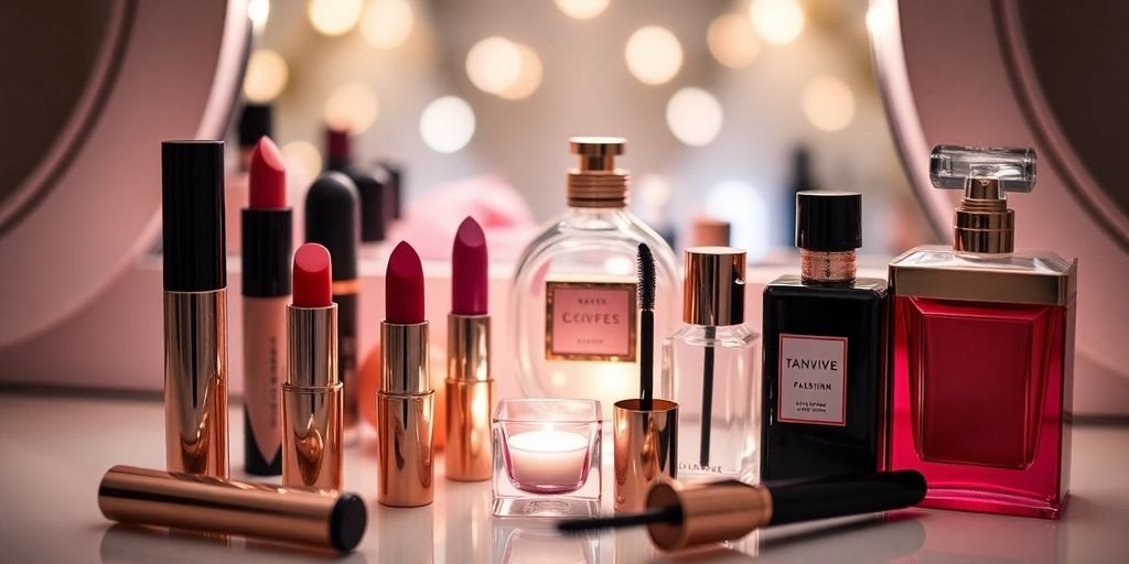 Date night makeup essentials on a vanity.
