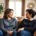 Couple sharing a moment on a sofa.