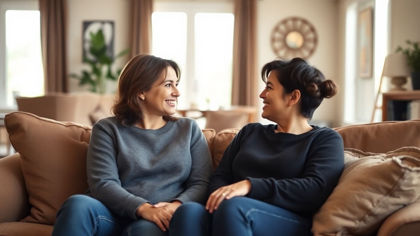 Couple sharing a moment on a sofa.
