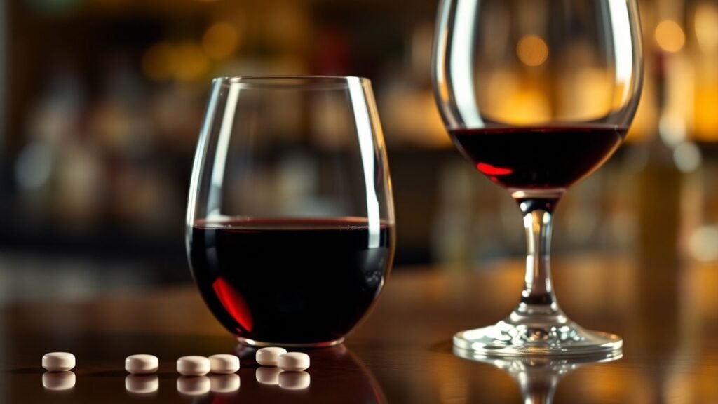 Cialis pill and wine glass with blurred bar background.