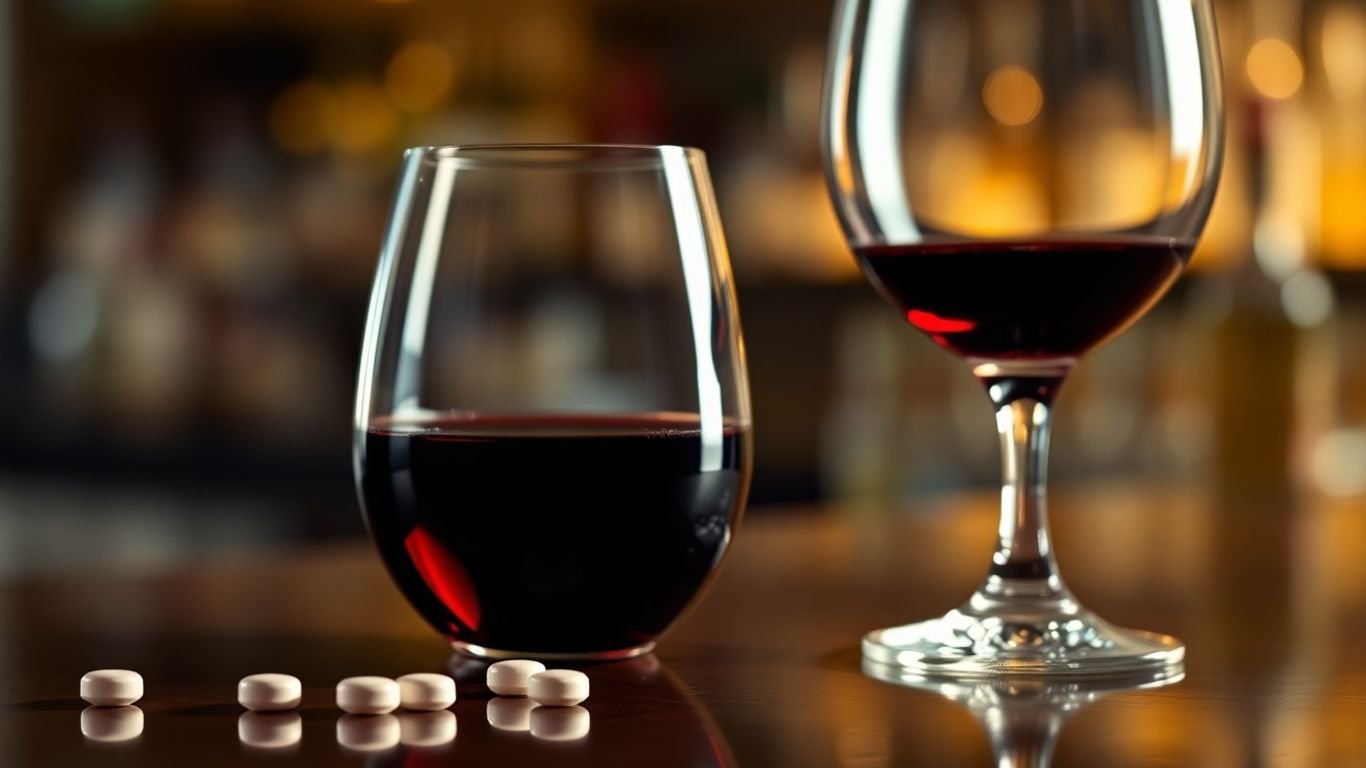 Cialis pill and wine glass with blurred bar background.