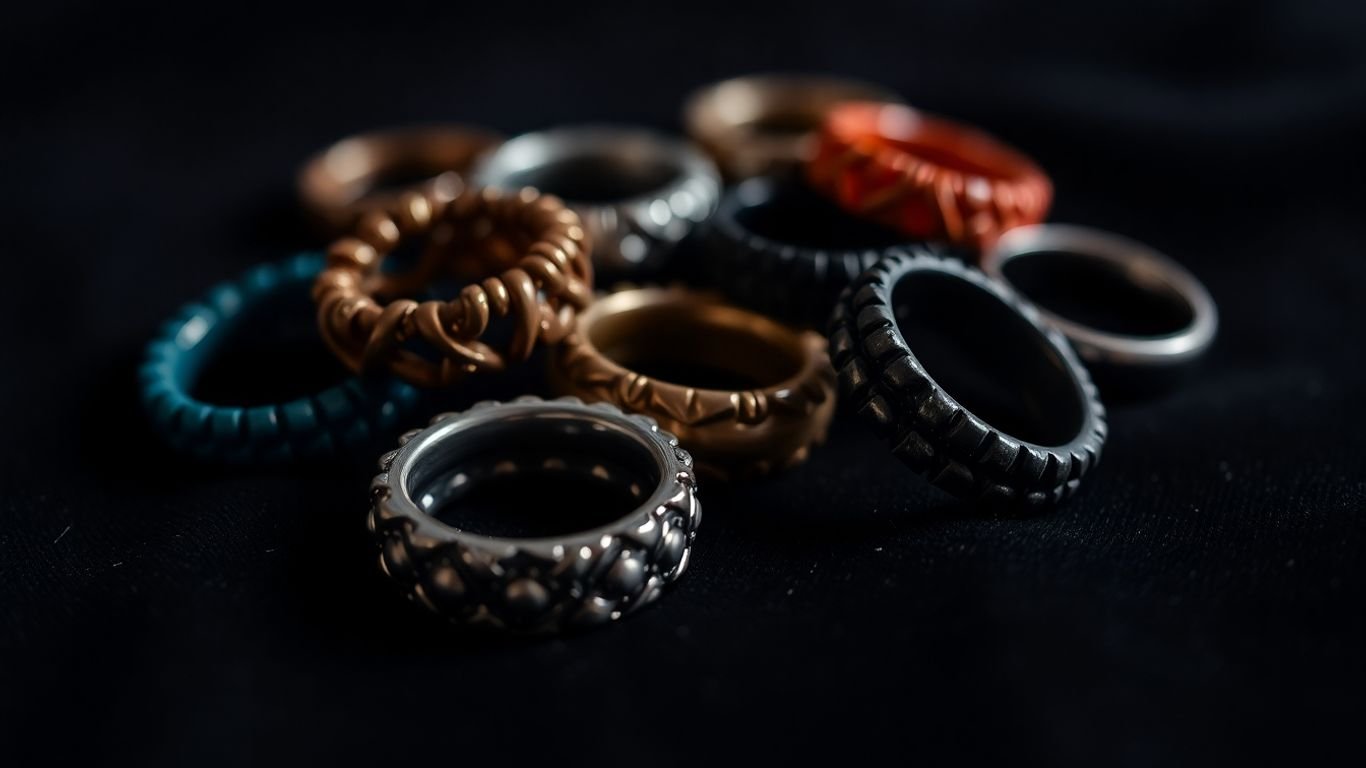 Variety of textured cock rings on a dark surface.