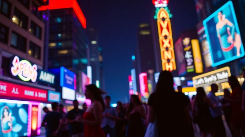 NYC nightlife with blurred figures dancing.