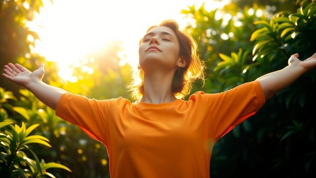 Person in golden light, arms outstretched, serene expression.