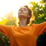 Person in golden light, arms outstretched, serene expression.
